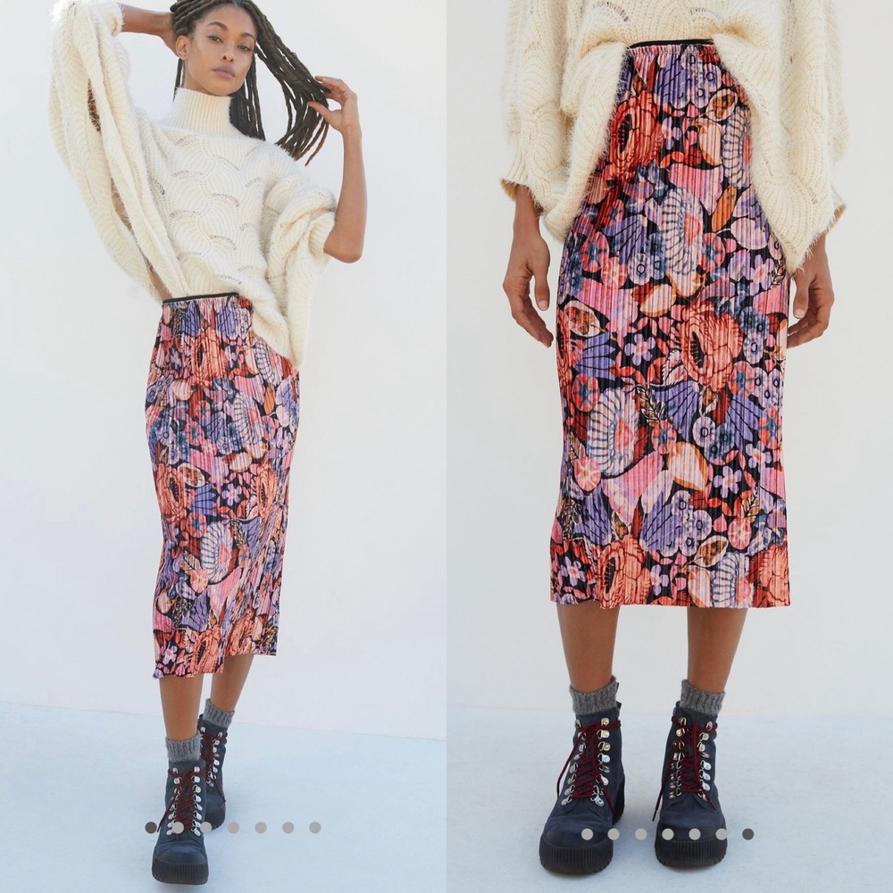 Anthropologie Maeve Tilda Floral Pleated Velvet Midi Skirt Pink Purple Orange XS